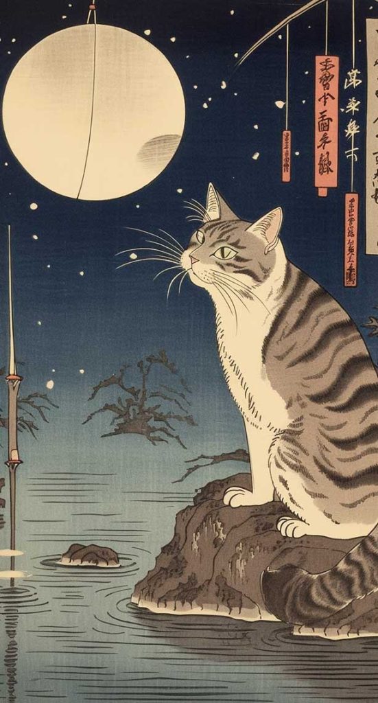 月光下的猫和鱼 | Ai关键词 Midjourney关键词 Ai绘画教程 Ai绘画 设计资源 设计教程-Ai关键词  Midjourney关键词 Ai绘画教程 Ai绘画 设计资源 设计教程