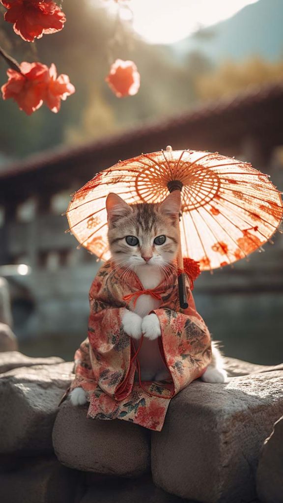 一只可爱的迷你小猫，穿着汉服，撑伞的猫。 | Aitime丨人人都是大画师-Aitime丨人人都是大画师