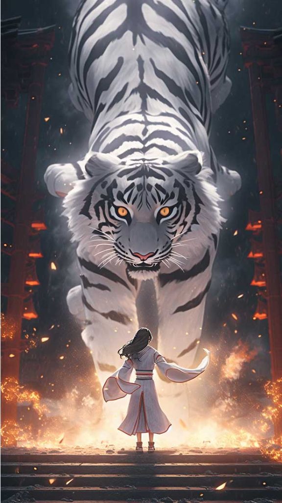 女孩站在一只巨大的美丽白虎面前 | Aitime丨人人都是大画师-Aitime丨人人都是大画师