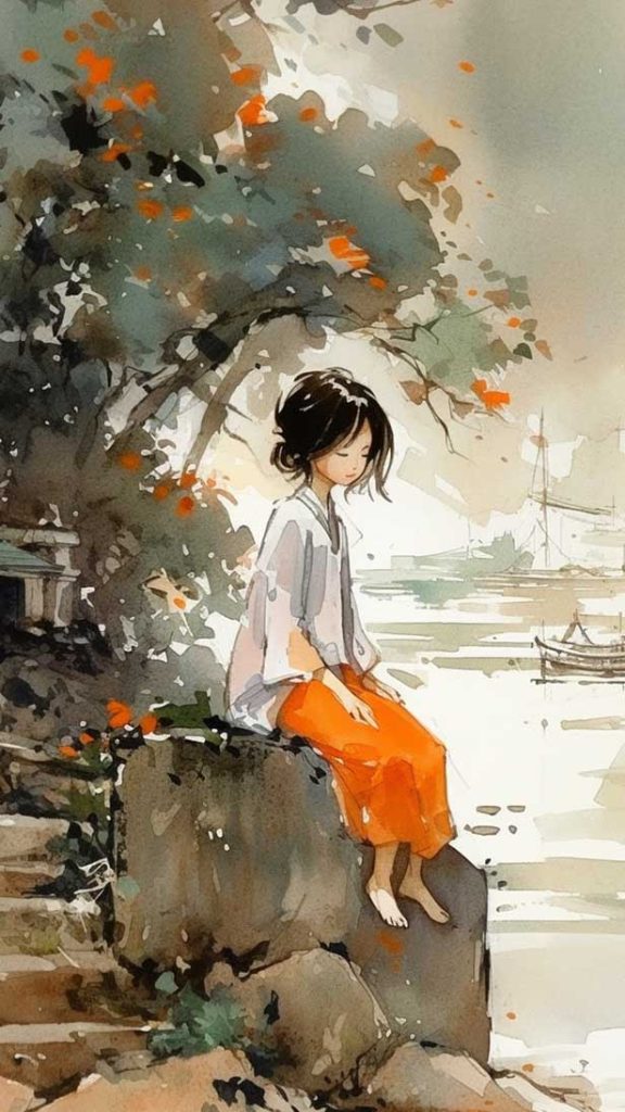 一个美丽的年轻女孩坐在河边的岩石上 | Aitime丨人人都是大画师-Aitime丨人人都是大画师
