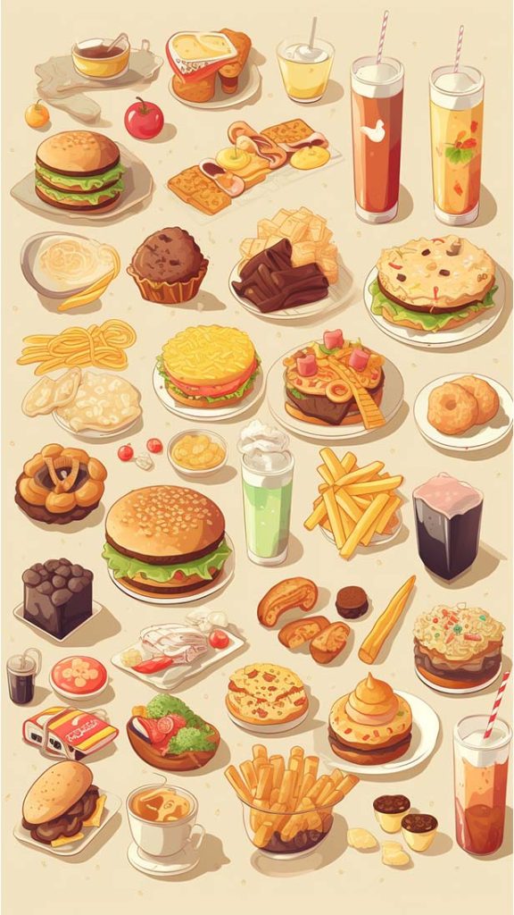 食物被深度排列在一张桌子插图 食物被深度排列在一张桌子