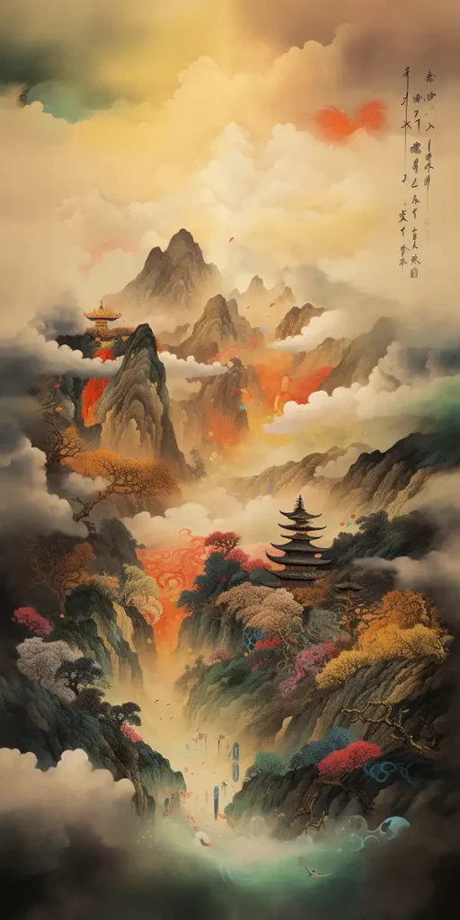 中国画，全景90度拍摄，光线正上方 | Ai关键词 Midjourney关键词 Ai绘画教程 Ai绘画 设计资源 设计教程-Ai关键词  Midjourney关键词 Ai绘画教程 Ai绘画 设计资源 设计教程