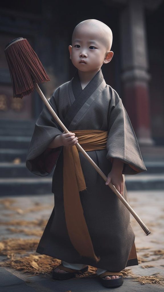 穿着灰色和尚服，他双手拿着扫帚 | Aitime丨人人都是大画师-Aitime丨人人都是大画师