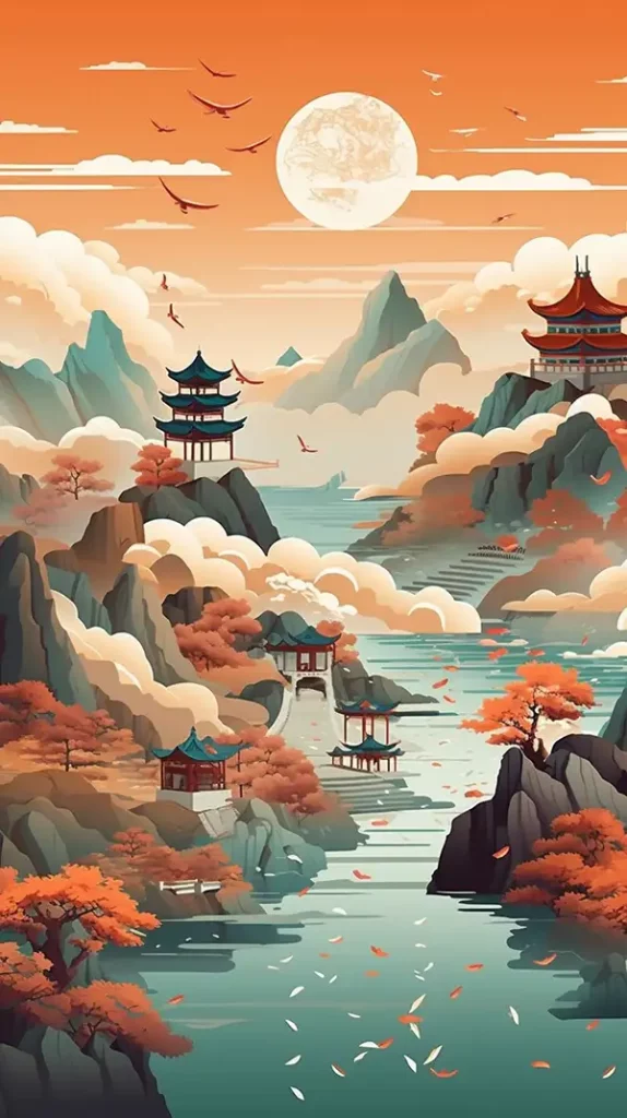 中国山水图，远山清河古建筑船鸟云雾，绚丽的光线 | Aitime丨人人都是大画师-Aitime丨人人都是大画师