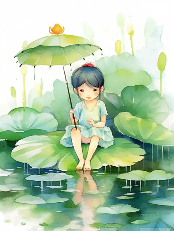 淡淡的水彩，一个超级可爱的小女孩坐在池塘边钓鱼 | Aitime丨人人都是大画师-Aitime丨人人都是大画师