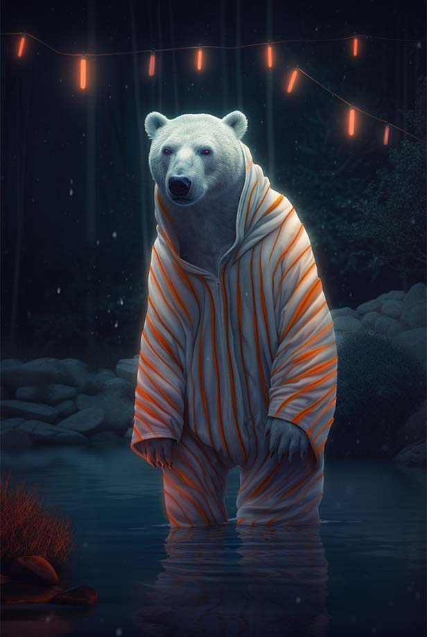 夜间穿着沙滩装的北极熊