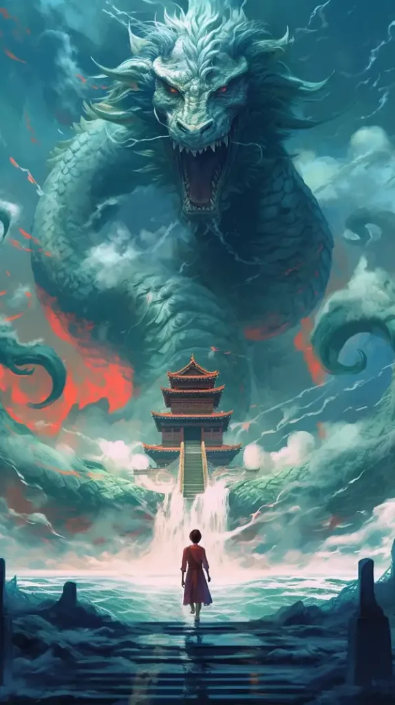 一个人站在船顶上，旁边是一条龙 | Aitime丨人人都是大画师-Aitime丨人人都是大画师