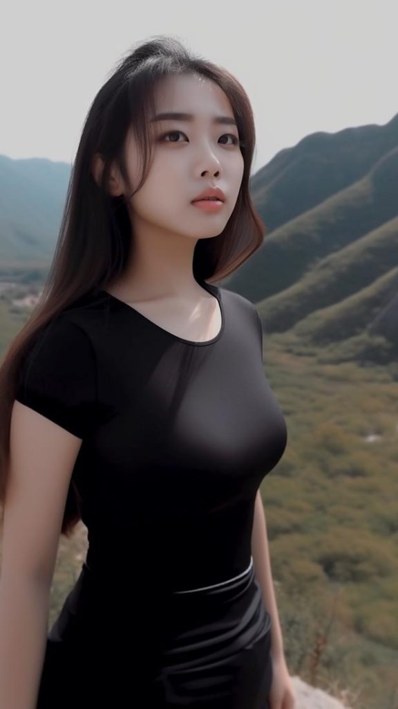 一个穿着漂亮的黑色上衣的女孩站在山边 | Aitime丨人人都是大画师-Aitime丨人人都是大画师