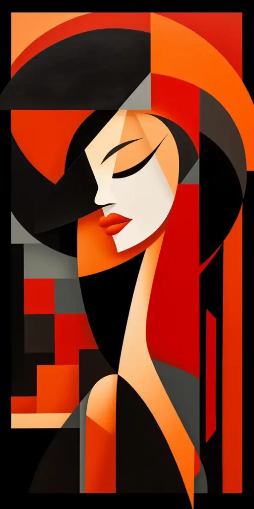 瓦尔基里娅·莫德纳的肖像极简主义立体主义幻想红色黑色和橙色全光-Ai关键词  Midjourney关键词 Ai绘画教程 Ai绘画 设计资源 设计教程