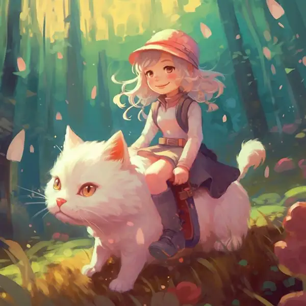 一个微笑的白色小女孩骑在一只可爱的猫上 | Aitime丨人人都是大画师-Aitime丨人人都是大画师