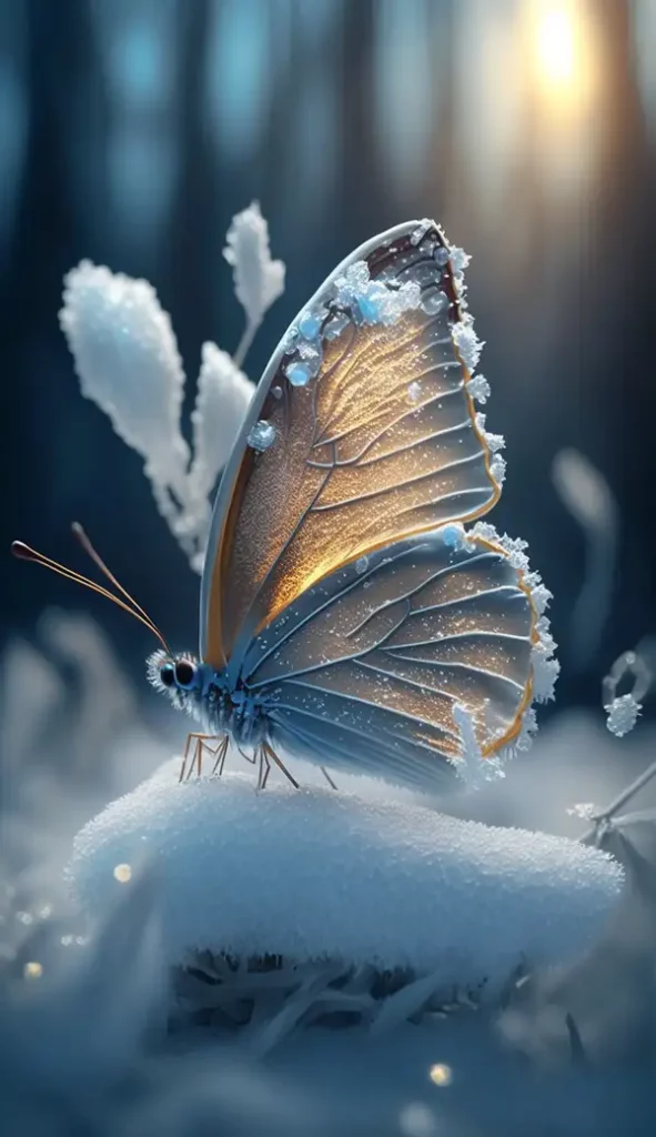 在冰雪中，一只浅蓝色的冰蝴蝶降落在雪地里 | Aitime丨人人都是大画师-Aitime丨人人都是大画师