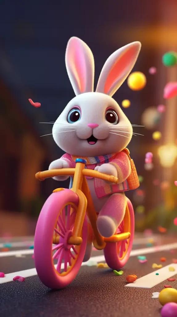 一只兔子骑自行车的照片，3d风格-Ai关键词  Midjourney关键词 Ai绘画教程 Ai绘画 设计资源 设计教程