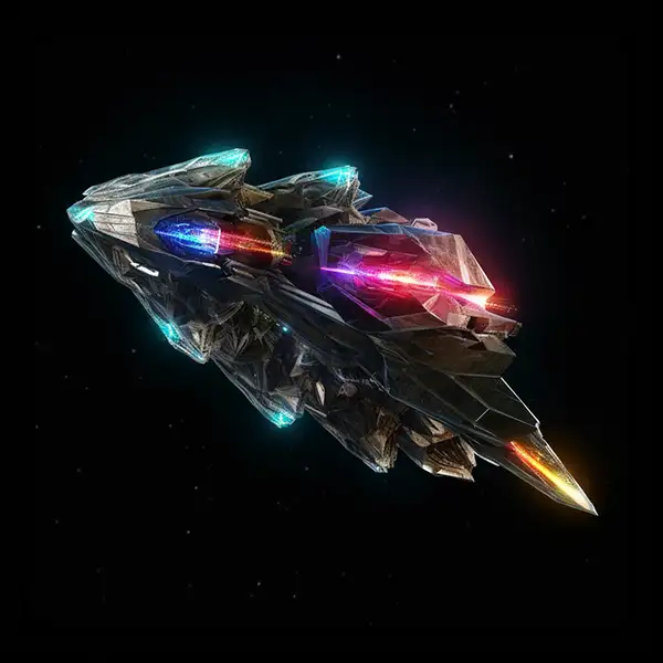 在黑色空间飞行的超水晶宇宙飞船，明亮而冷艳的钻石，侧视图 | Aitime丨人人都是大画师-Aitime丨人人都是大画师