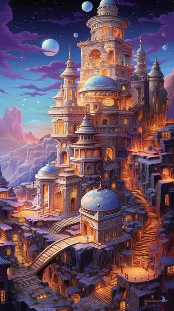 水彩铅笔：：极其辉煌的令人敬畏的闪闪发光的田园诗史诗令人惊叹的神奇的古代旅行装饰艺术ShangriLa天堂城市景观城市景观摄影 | Aitime丨人人都是大画师-Aitime丨人人都是大画师