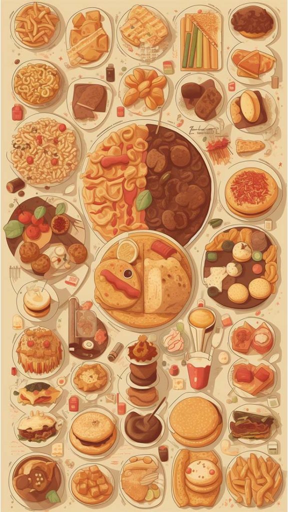 食物被深度排列在一张桌子上平面风格的插图 | Aitime丨人人都是大画师-Aitime丨人人都是大画师