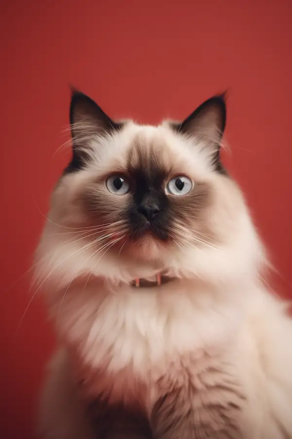布娃娃猫坐在浅红色背景上的特写 | Aitime丨人人都是大画师-Aitime丨人人都是大画师