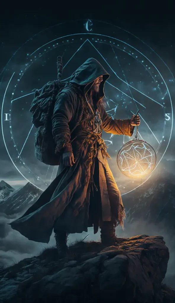 巫师使用星盘获得禁忌知识，站在山顶，星夜，温和的风，神奇的效果 | Aitime丨人人都是大画师-Aitime丨人人都是大画师