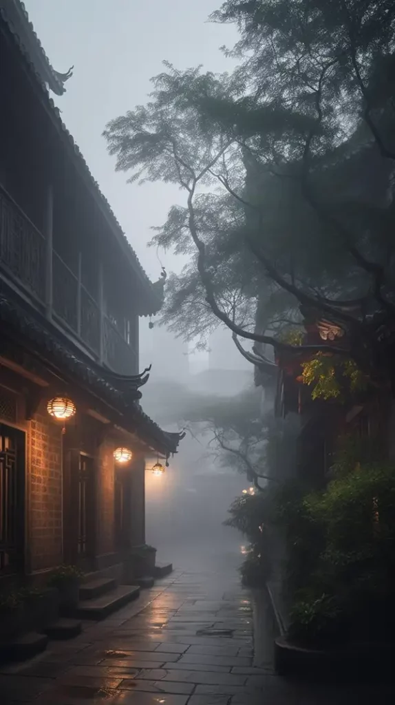 傍晚，江南古镇的街道上绿油油的雾蒙蒙的，柔和而美丽的灯光 | Aitime丨人人都是大画师-Aitime丨人人都是大画师