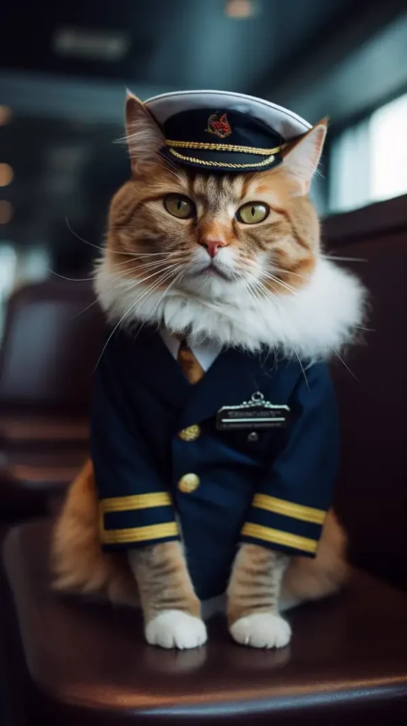 机场航站楼里一只穿着飞行员制服的猫 | Aitime丨人人都是大画师-Aitime丨人人都是大画师